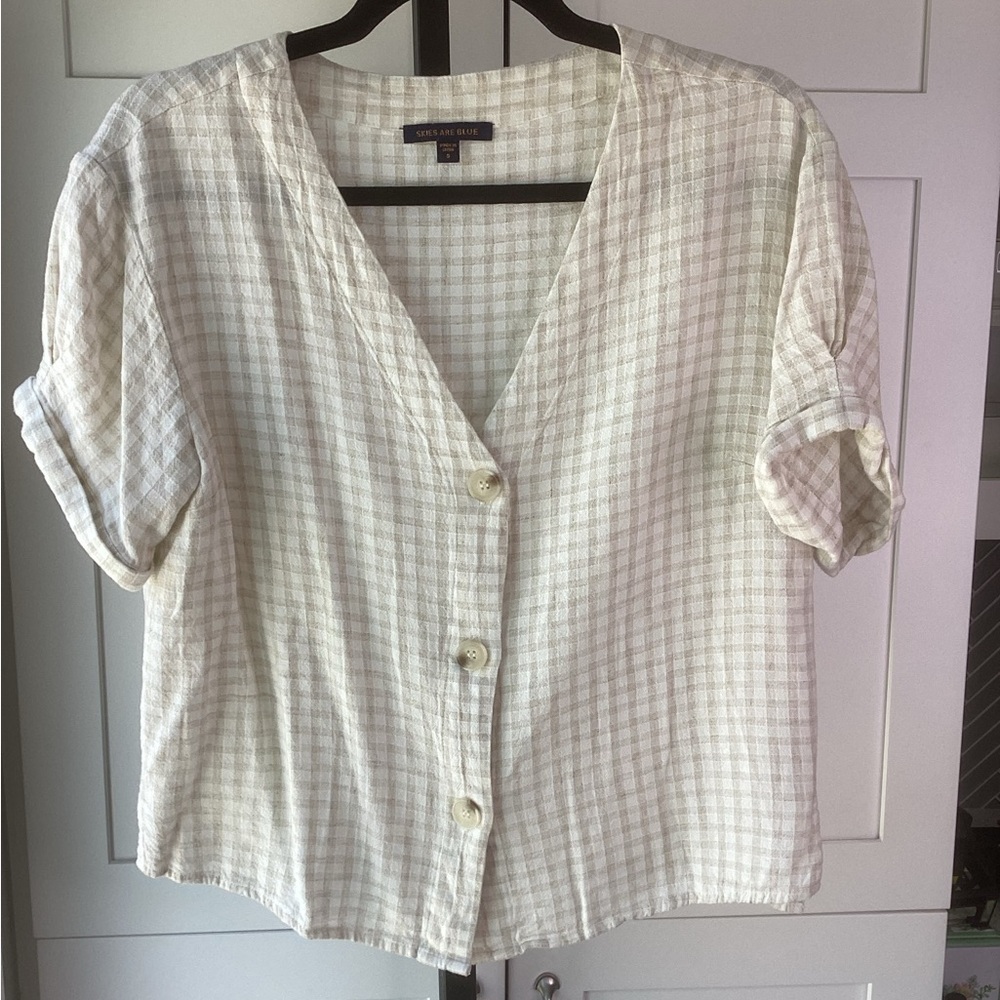 Skies Are Blue Cream Plaid Button-Down Shirt, size Small